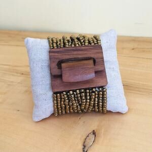 Bracelet Bali Wood Buckle Clasp Chunky Multi-Stand Beaded Bronze Gold Tone